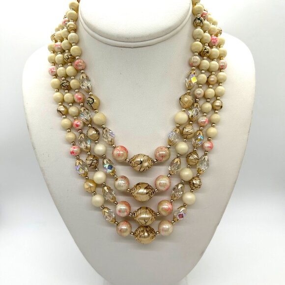 Vintage 4-Strand Japan Necklace Pink Swirled Beads Glass Acrylic Gold-Tone 1950s - Picture 2 of 16